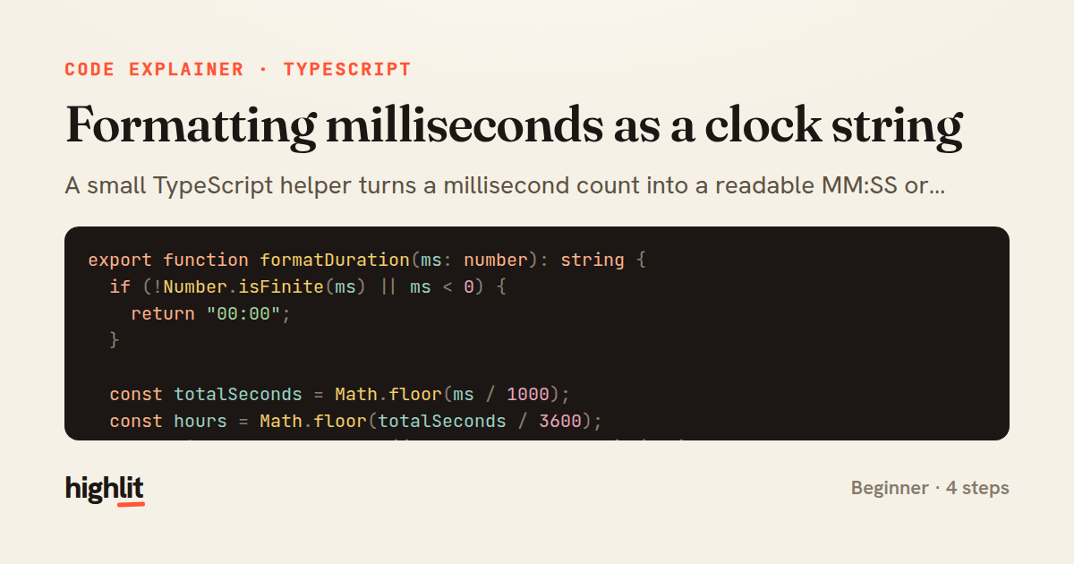 Formatting milliseconds as a clock string — share card