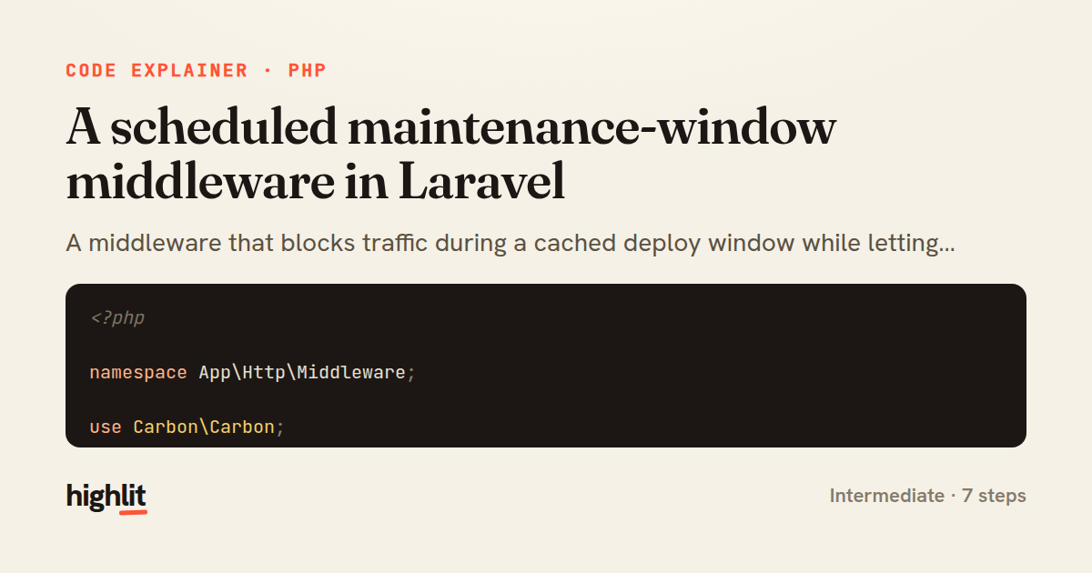 A scheduled maintenance-window middleware in Laravel — share card