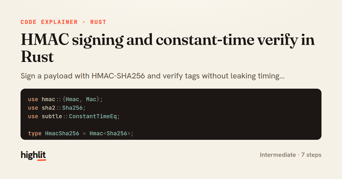 HMAC signing and constant-time verify in Rust — share card