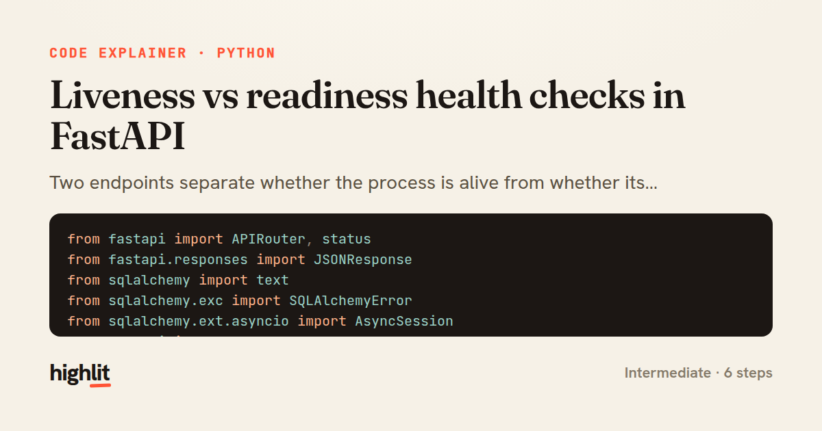 Liveness vs readiness health checks in FastAPI — share card