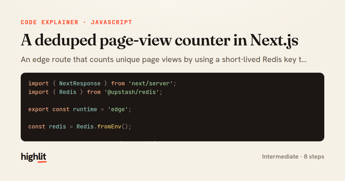 A deduped page-view counter in Next.js — share card
