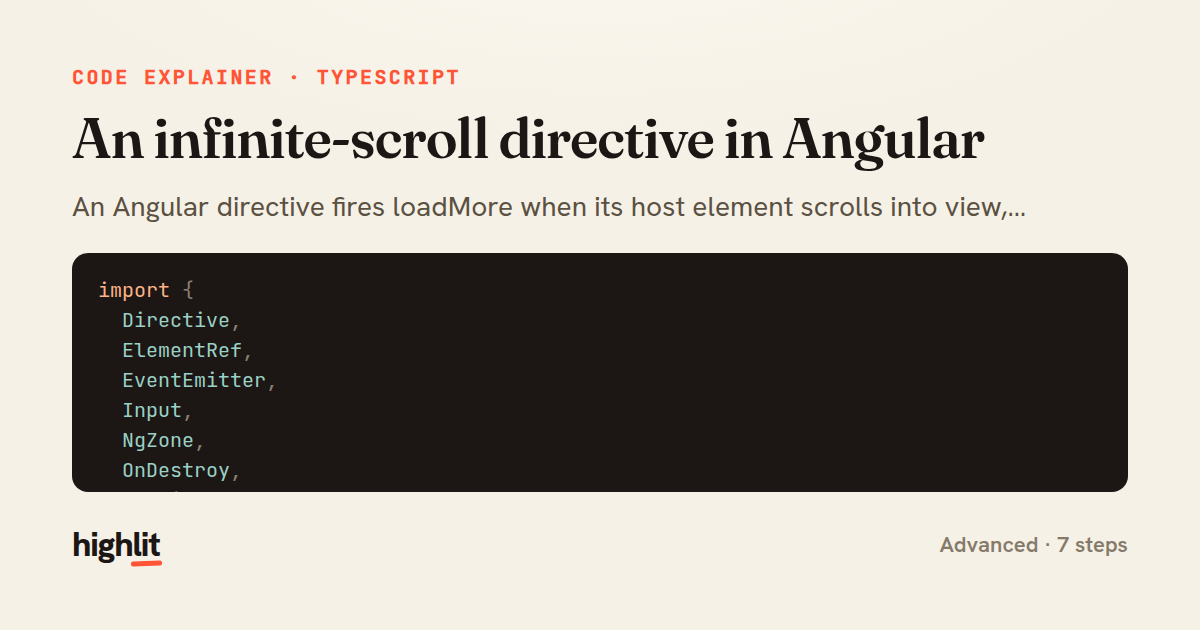 An infinite-scroll directive in Angular — share card