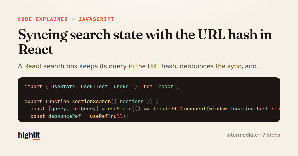 Syncing search state with the URL hash in React — share card