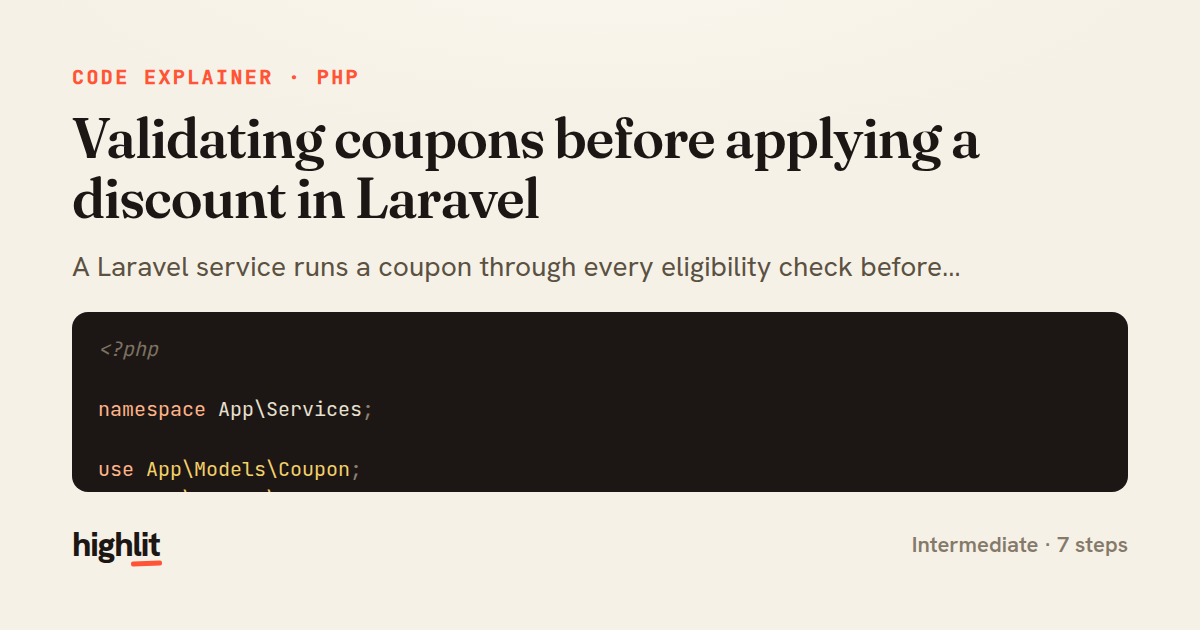 Validating coupons before applying a discount in Laravel — share card