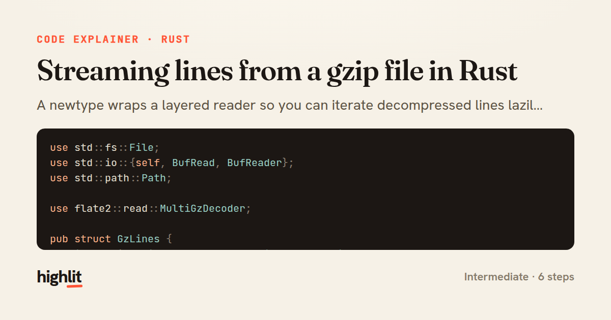 Streaming lines from a gzip file in Rust — share card