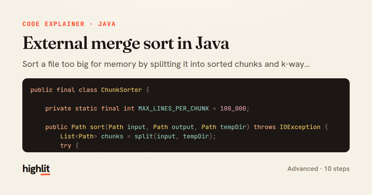 External merge sort in Java — share card