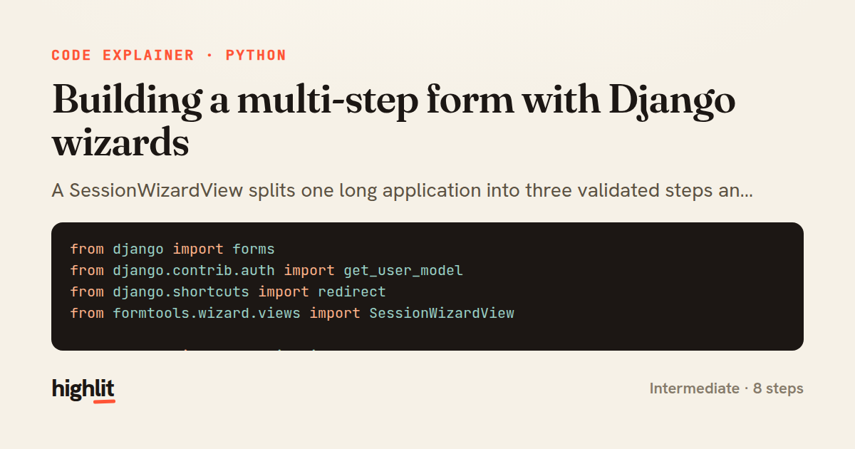 Building a multi-step form with Django wizards — share card