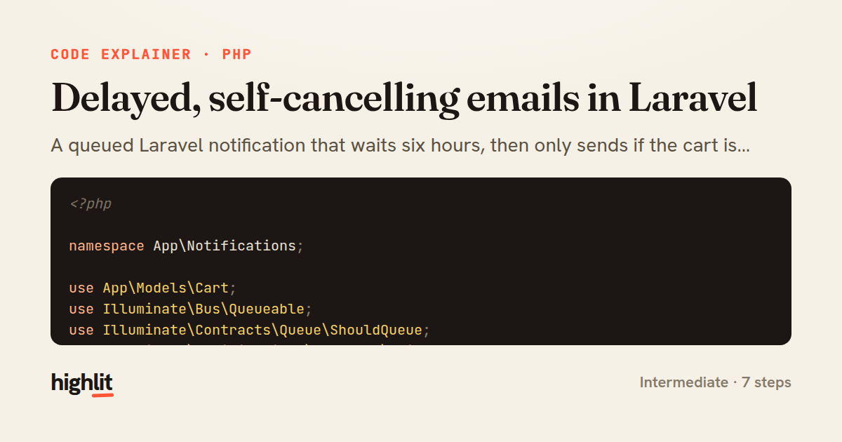 Delayed, self-cancelling emails in Laravel — share card