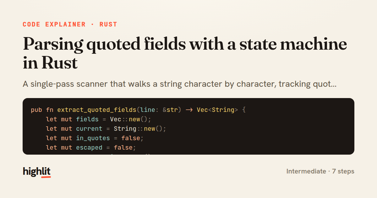 Parsing quoted fields with a state machine in Rust — share card