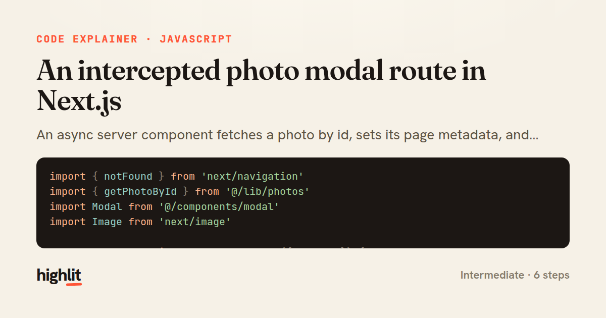 An intercepted photo modal route in Next.js — share card