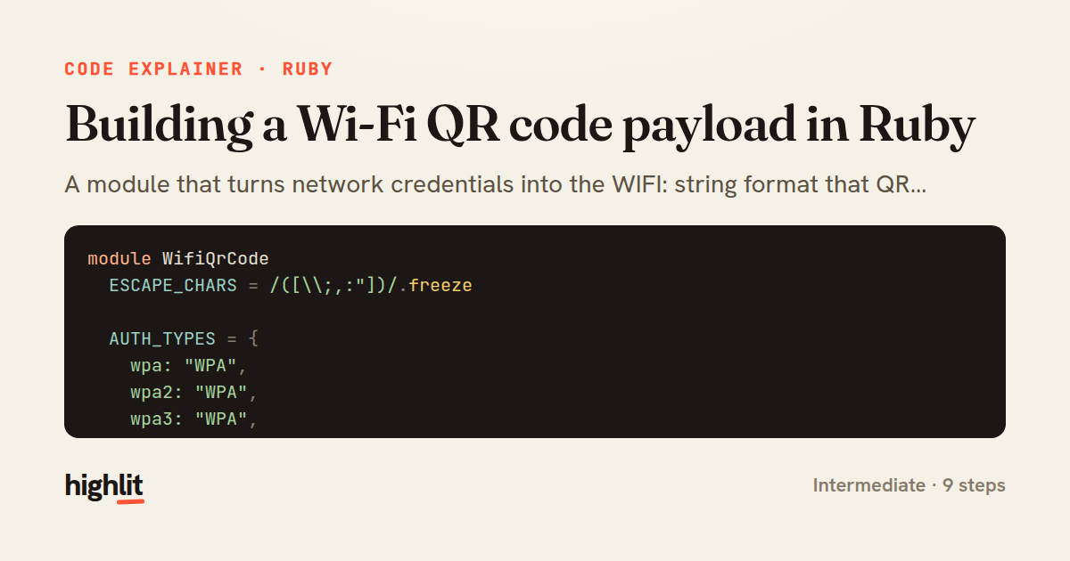 Building a Wi-Fi QR code payload in Ruby — share card