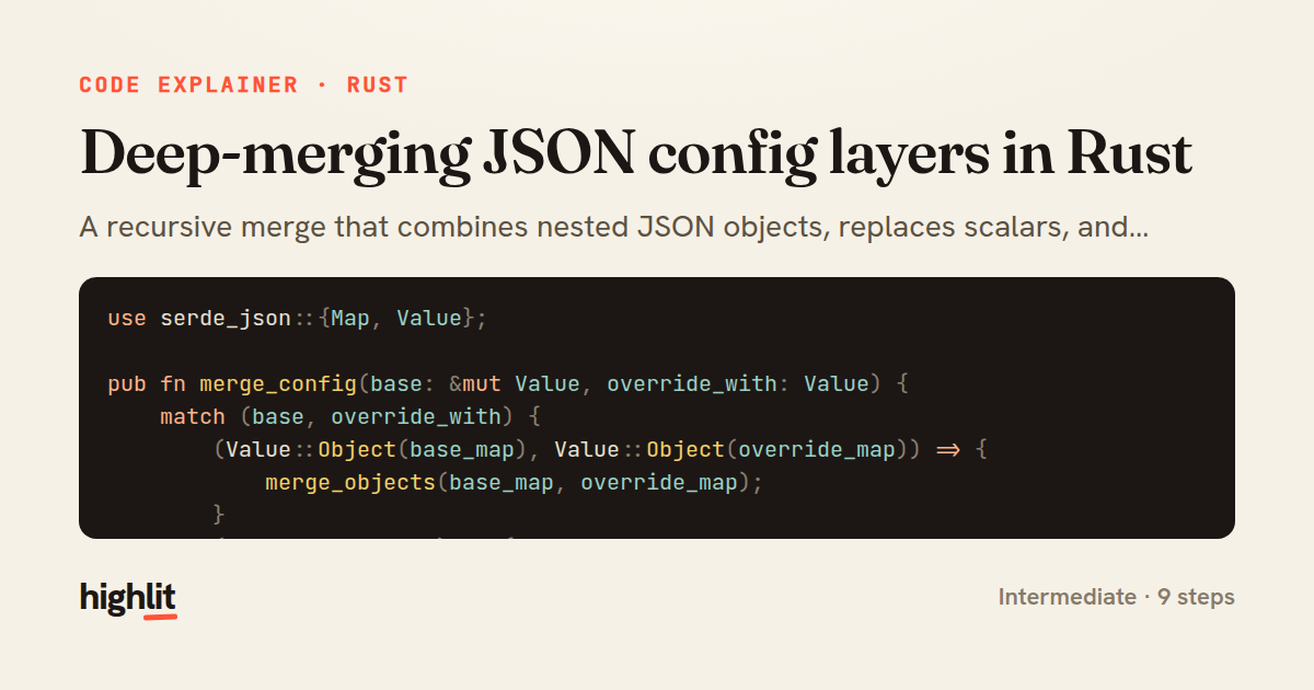 Deep-merging JSON config layers in Rust — share card