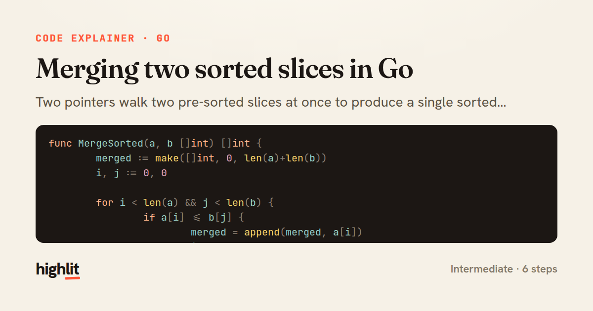 Merging two sorted slices in Go — share card