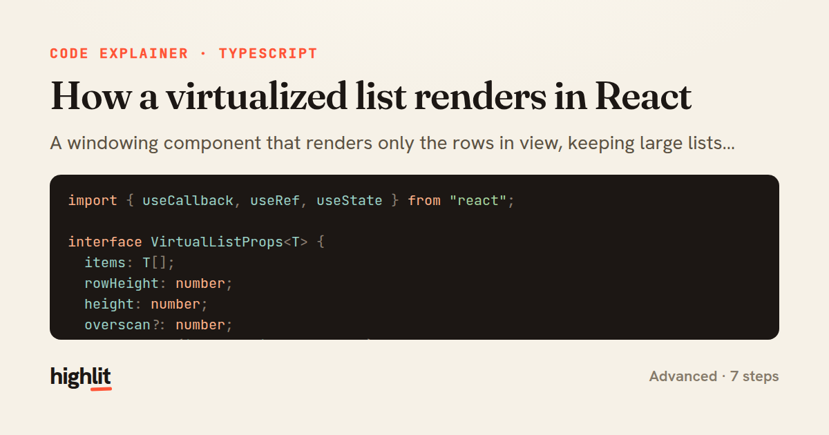 How a virtualized list renders in React — share card