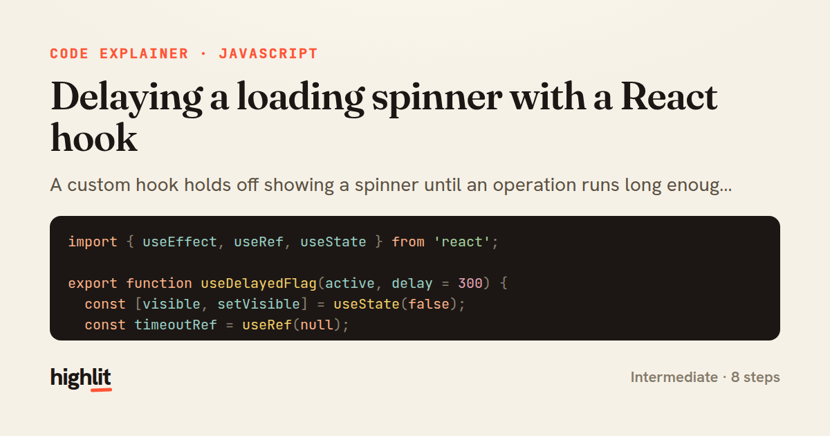 Delaying a loading spinner with a React hook — share card