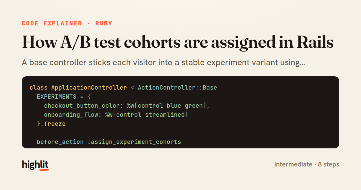 How A/B test cohorts are assigned in Rails — share card