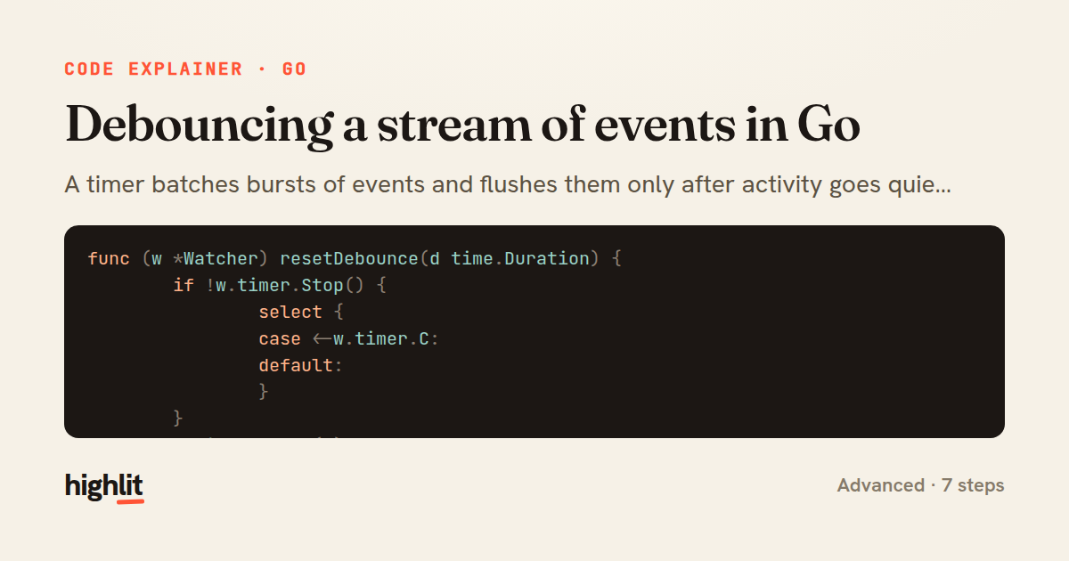 Debouncing a stream of events in Go — share card