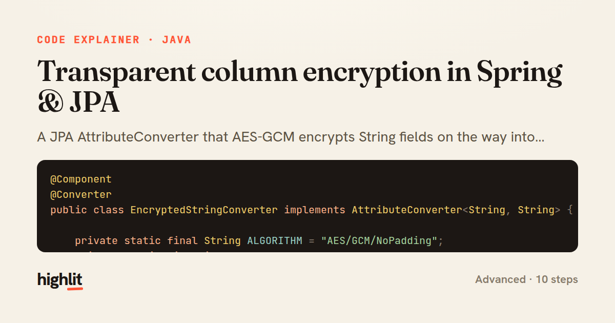 Transparent column encryption in Spring & JPA — share card