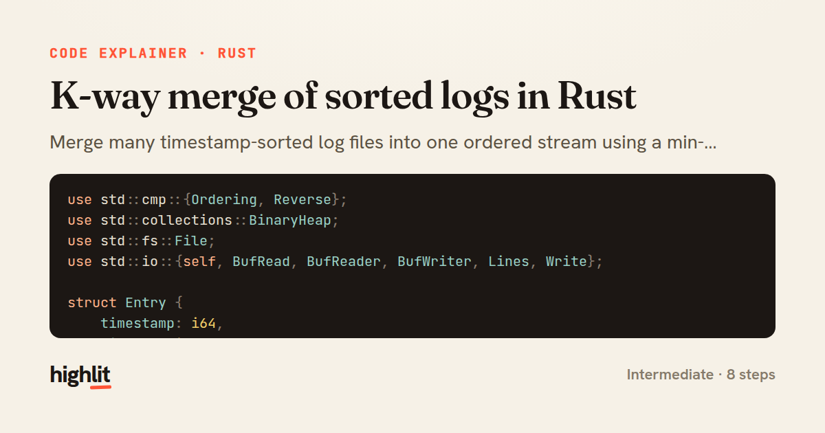 K-way merge of sorted logs in Rust — share card