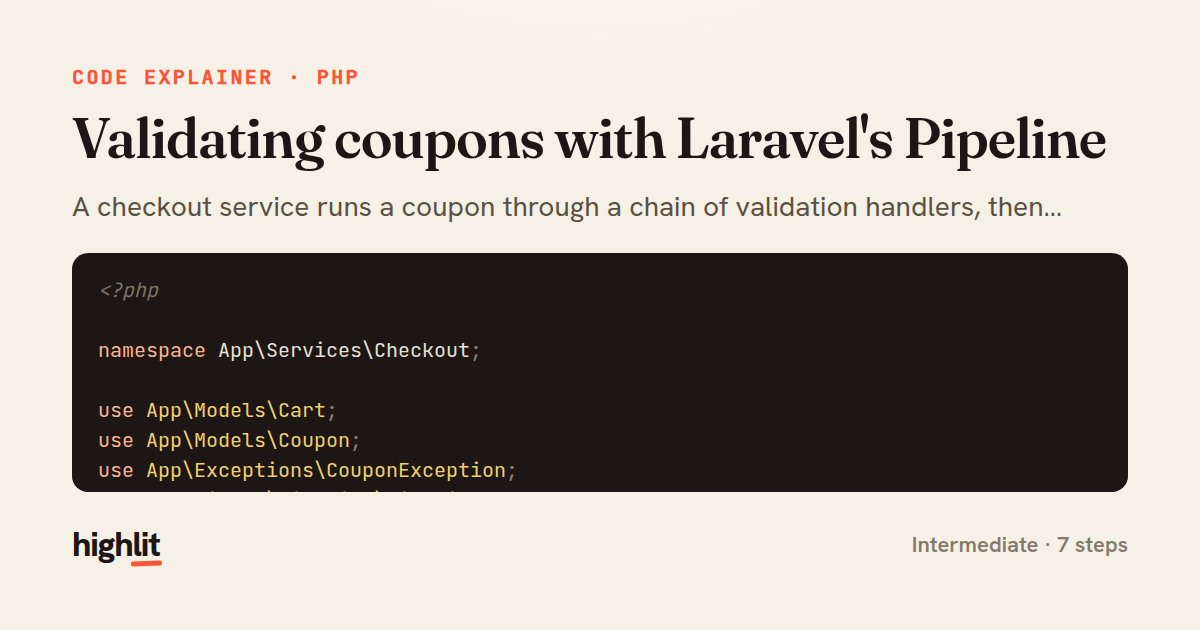 Validating coupons with Laravel's Pipeline — share card