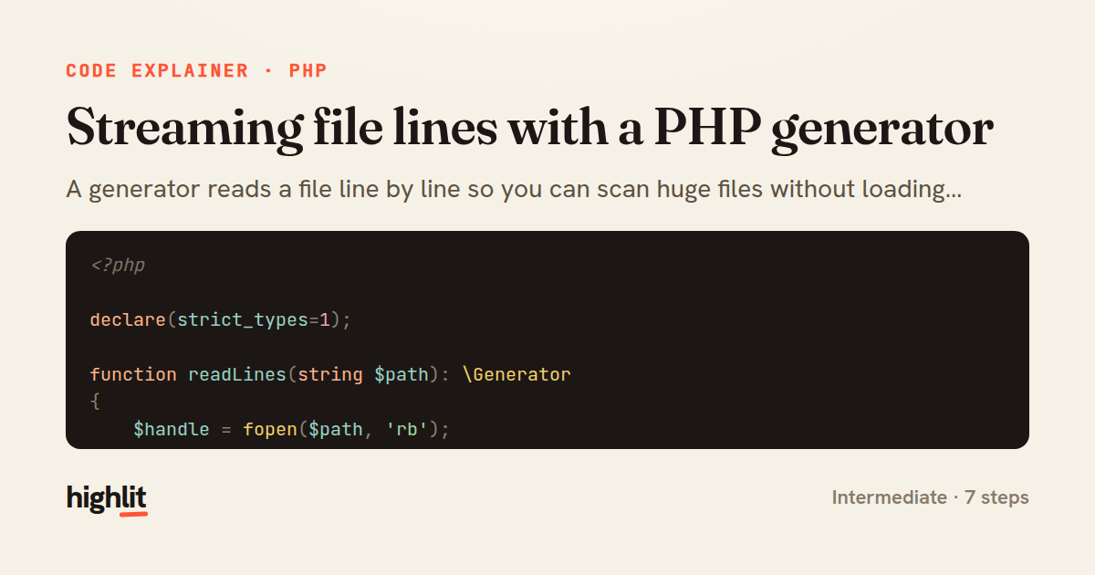 Streaming file lines with a PHP generator — share card