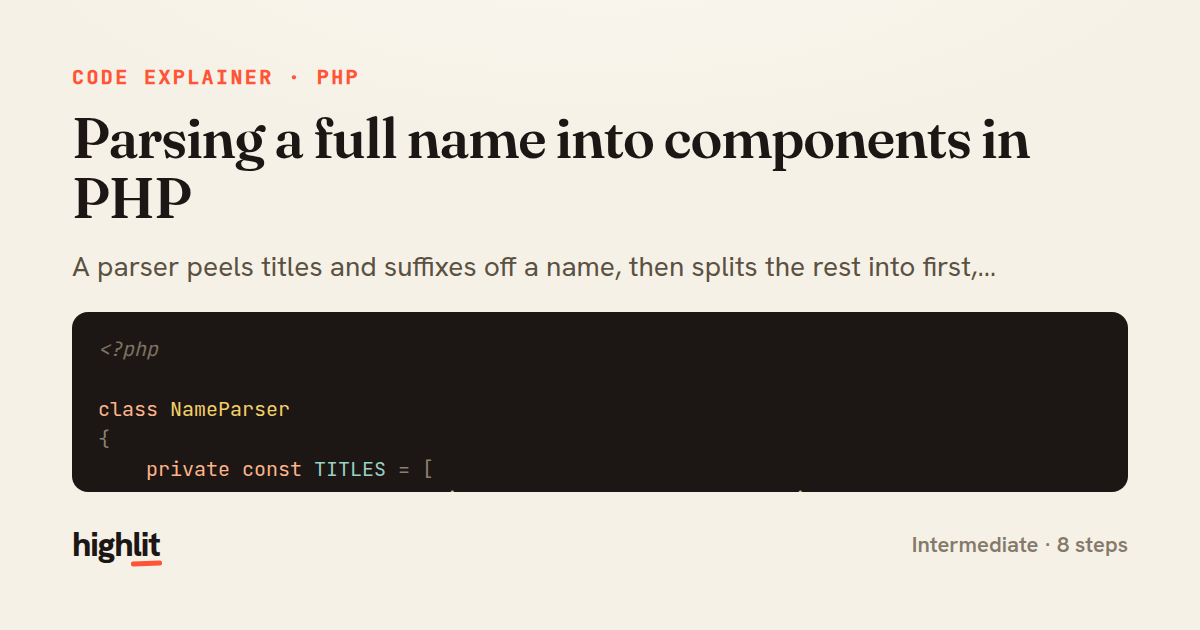 Parsing a full name into components in PHP — share card