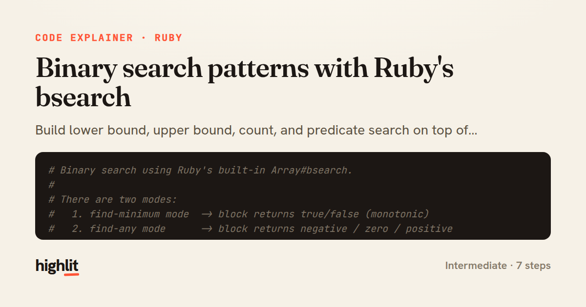 Binary search patterns with Ruby's bsearch — share card