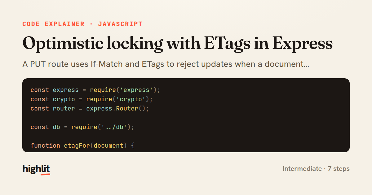 Optimistic locking with ETags in Express — share card