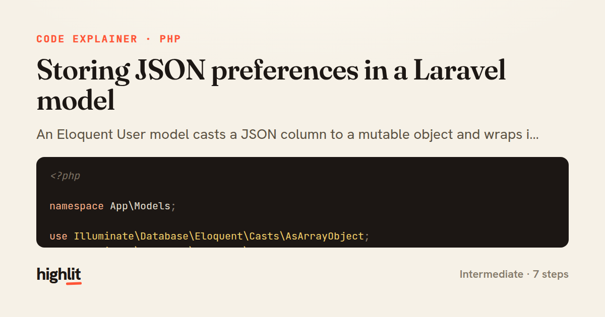 Storing JSON preferences in a Laravel model — share card
