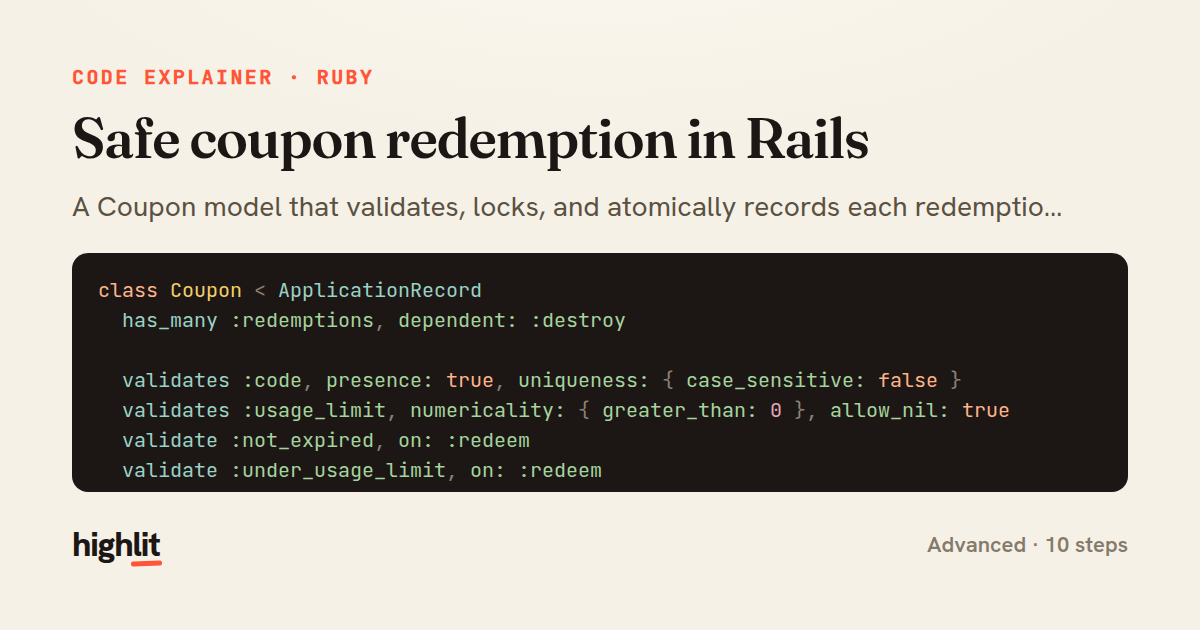Safe coupon redemption in Rails — share card