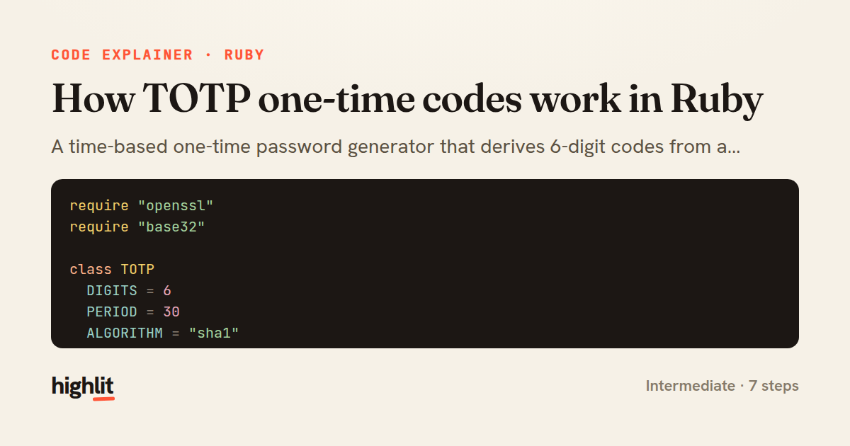 How TOTP one-time codes work in Ruby — share card