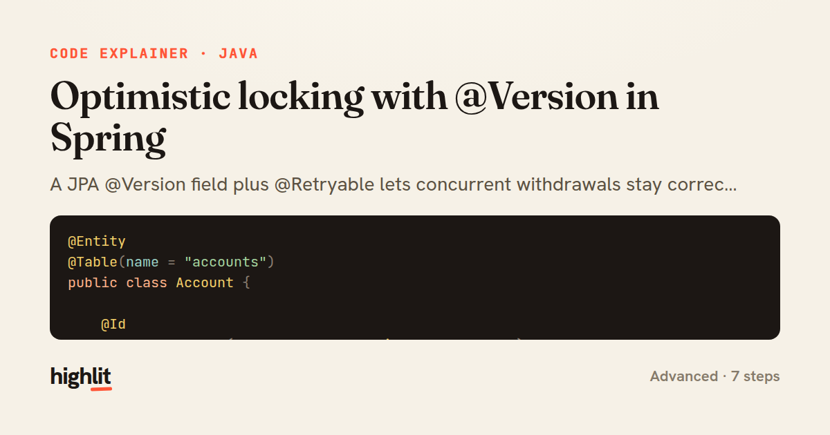 Optimistic locking with @Version in Spring — share card