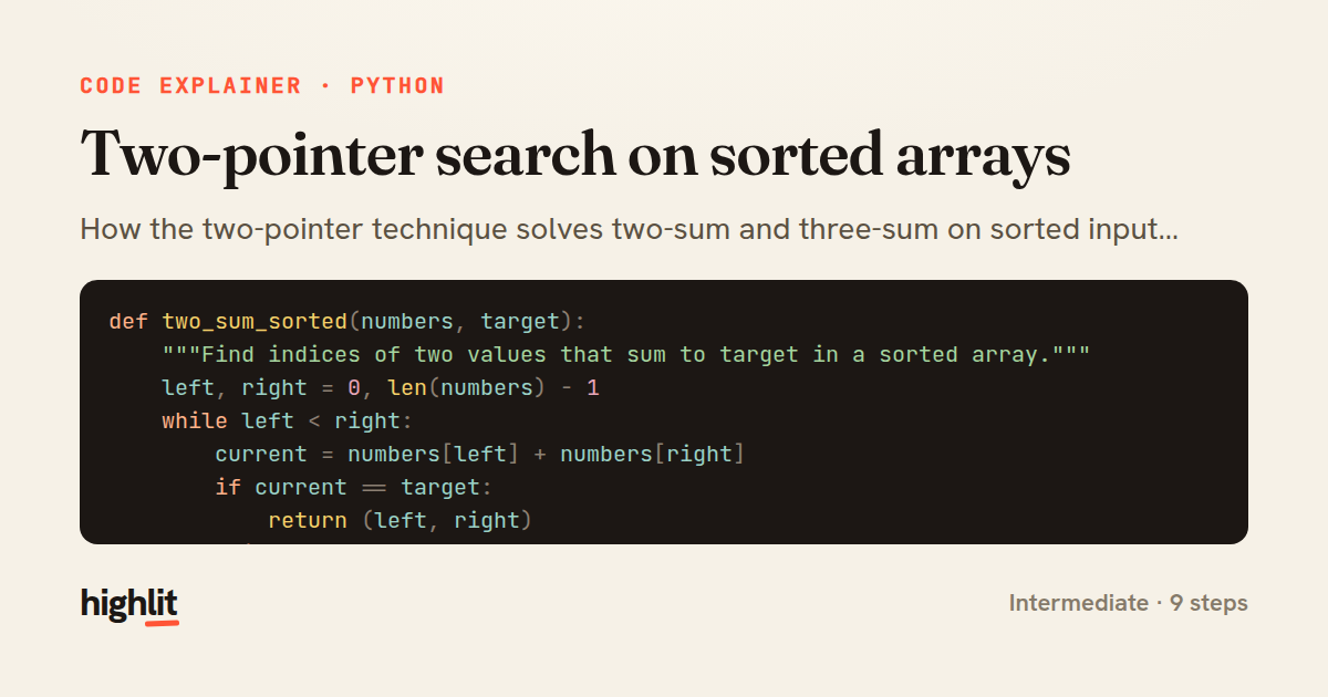 Two-pointer search on sorted arrays — share card