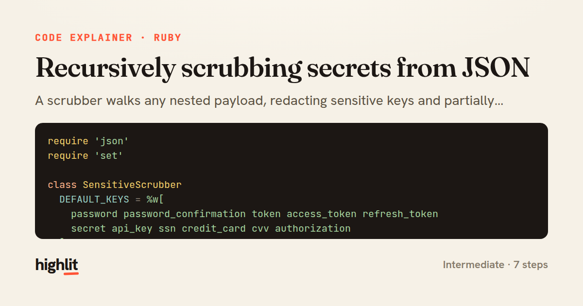 Recursively scrubbing secrets from JSON — share card