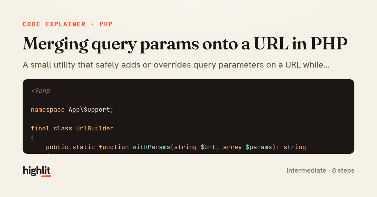 Merging query params onto a URL in PHP — share card