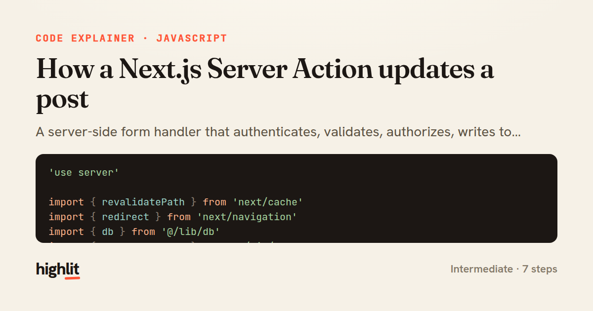 How a Next.js Server Action updates a post — share card