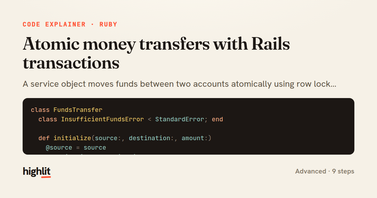 Atomic money transfers with Rails transactions — share card