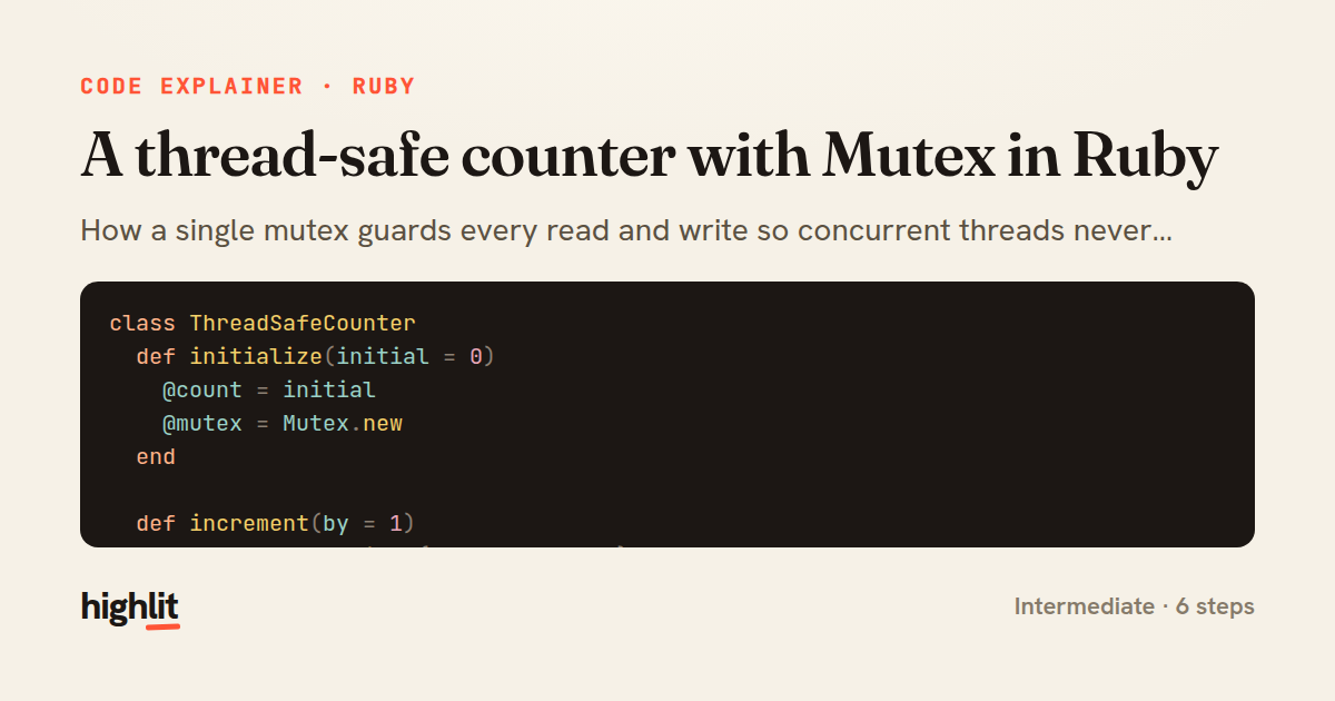 A thread-safe counter with Mutex in Ruby — share card