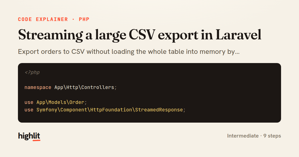 Streaming a large CSV export in Laravel — share card