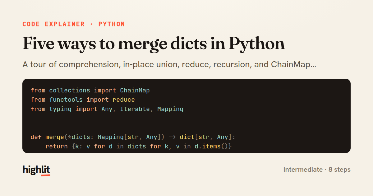 Five ways to merge dicts in Python — share card