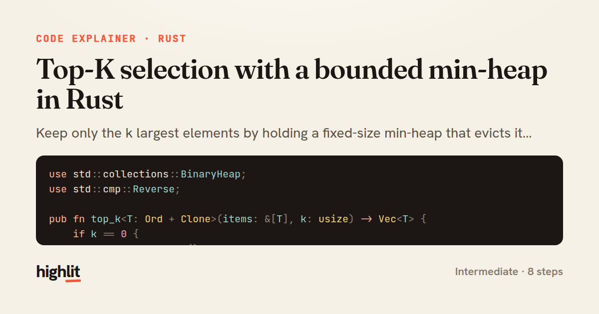 Top-K selection with a bounded min-heap in Rust — share card