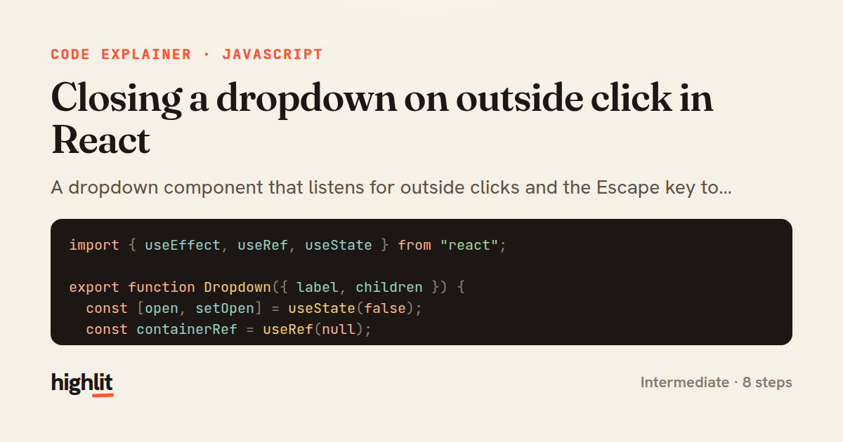 Closing a dropdown on outside click in React — share card