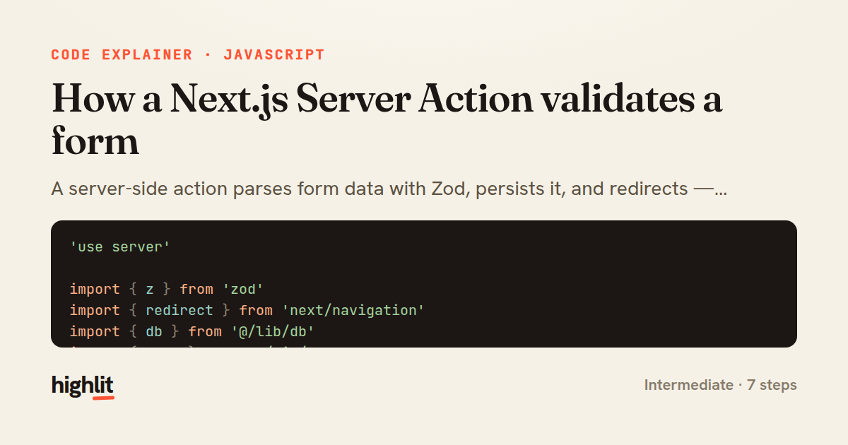 How a Next.js Server Action validates a form — share card