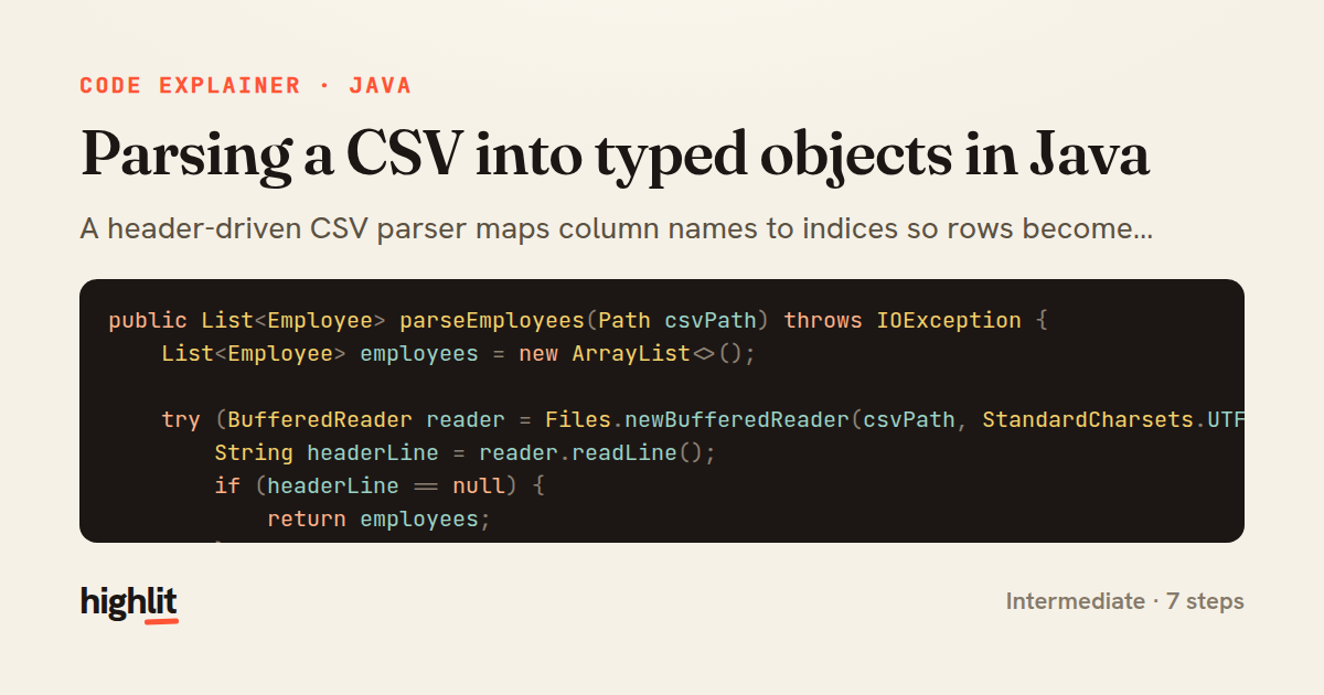 Parsing a CSV into typed objects in Java — share card