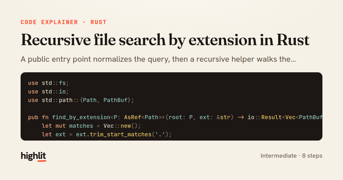 Recursive file search by extension in Rust — share card