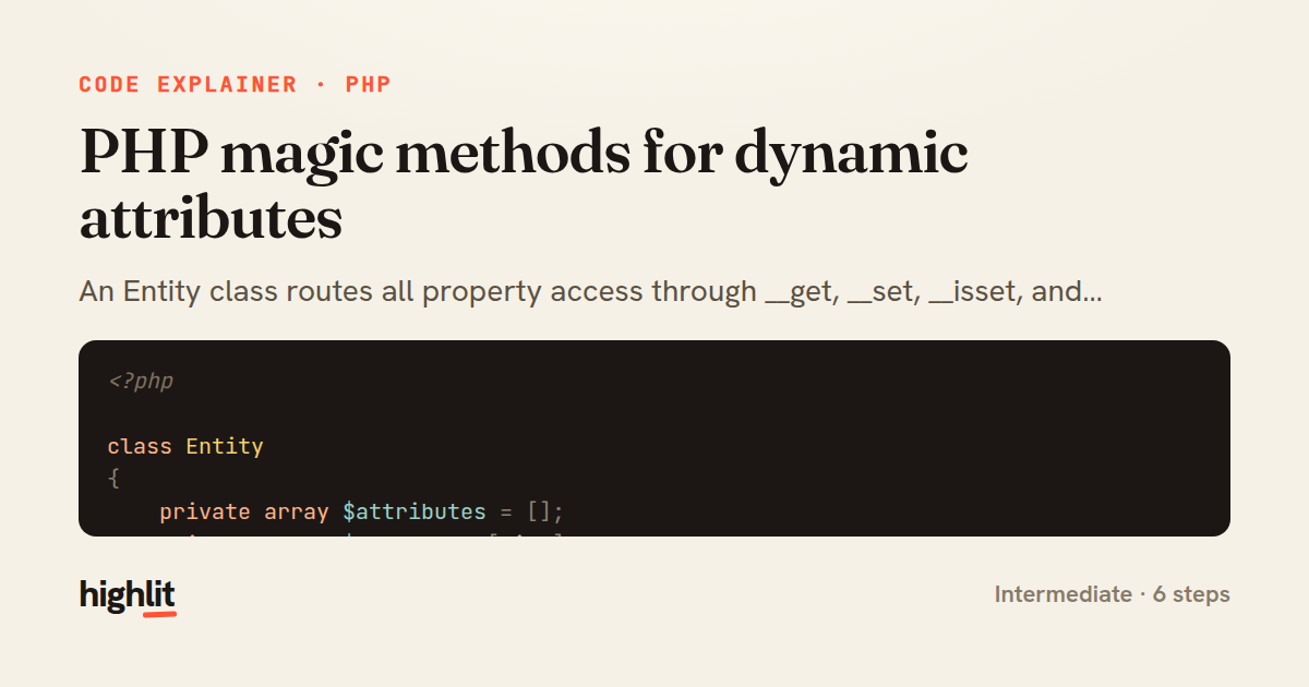 PHP magic methods for dynamic attributes — share card