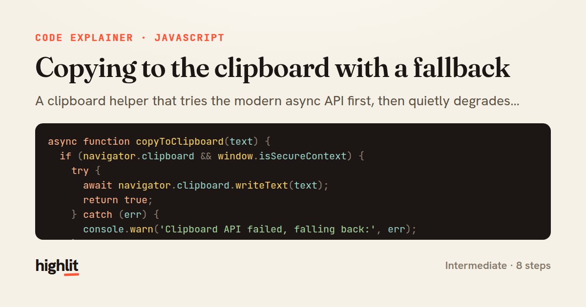 Copying to the clipboard with a fallback — share card