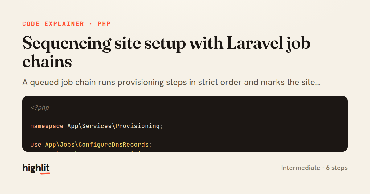 Sequencing site setup with Laravel job chains — share card