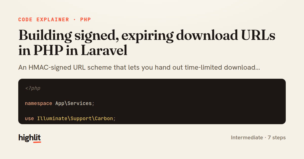 Building signed, expiring download URLs in PHP in Laravel — share card