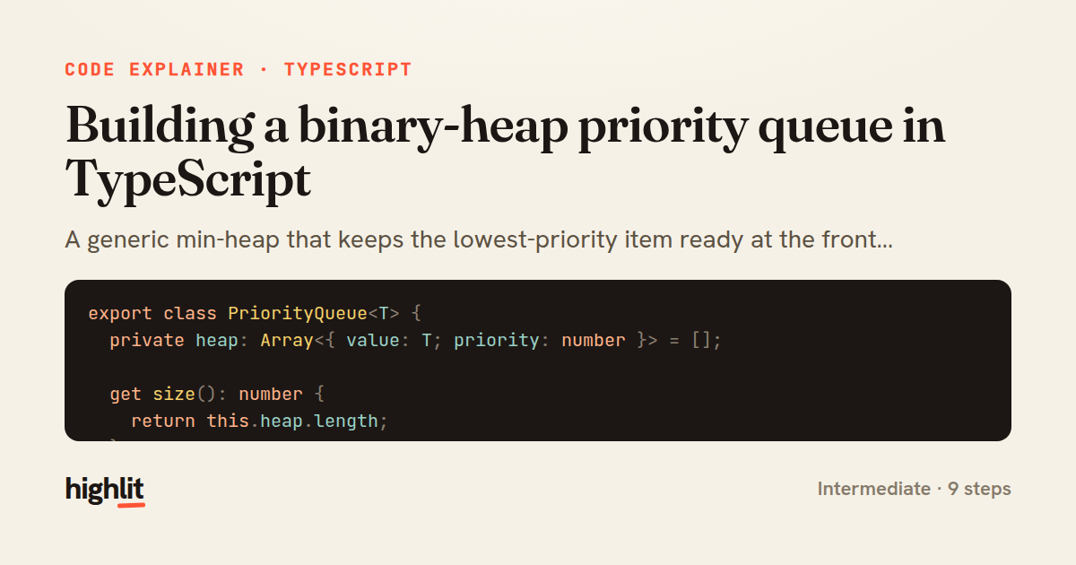 Building a binary-heap priority queue in TypeScript — share card